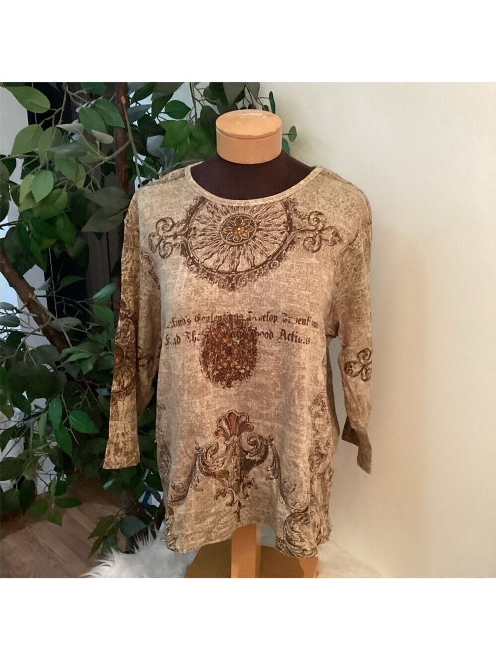 Gloria Vanderbilt Baroque Print Long Sleeve Cotton Top 1X